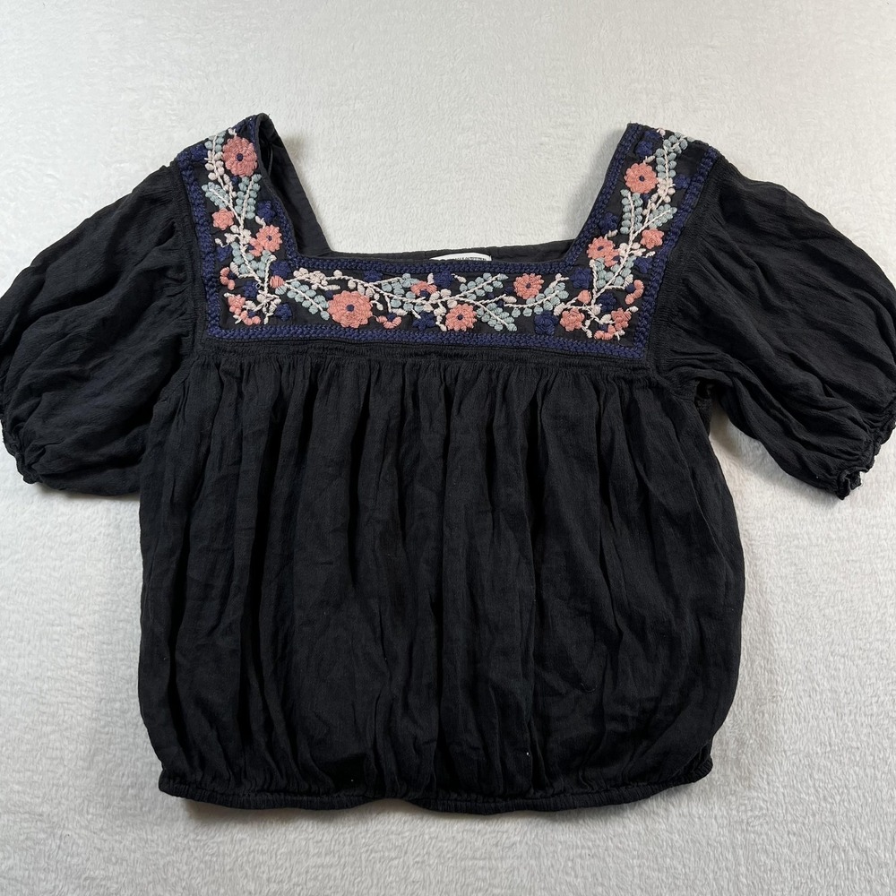American Eagle Outfitters Blouse Womens Large Black Embroidered Boho Square Neck